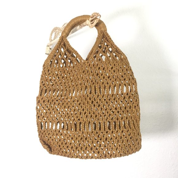 Vintage Handbags - VINTAGE Macrame Tan Boho Market Tote Handbag